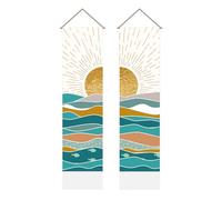AHANDMAKER Lot de 2 Tapisseries Lever de Soleil Océan Tapisserie Vagues Océan Art Lever de Soleil sur la Mer Tapisserie avec Pompon pour Décoration Murale, 33 x 130 cm