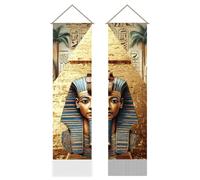 AHANDMAKER Lot de 2 tapisseries pharaons égyptiens et pyramides - Ancien monument historique vertical - Longue tapisserie esthétique - Rideau de porte à pompons à suspendre au mur pour chambre à