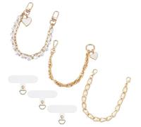 AHANDMAKER Lot de 3 dragonnes de téléphone, 3 styles en alliage doré et perles d'imitation blanches avec cordon en PVC pour téléphone portable, portefeuille, écouteurs et appareil photo, Métal non