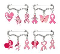 AHANDMAKER Lot de 4 broches de sensibilisation au cancer du sein - Ruban rose - En forme de papillon et de cœur - En métal émaillé - Pour femme - Événements sociaux publics, vêtements et sacs à dos
