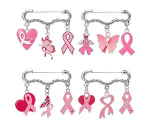 AHANDMAKER Lot de 4 broches de sensibilisation au cancer du sein - Ruban rose - En forme de papillon et de cœur - En métal émaillé - Pour femme - Événements sociaux publics, vêtements et sacs à dos
