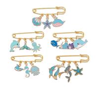 AHANDMAKER Lot de 5 épingles à nourrice sur le thème marin, alliage émaillé, pinces à serrer la taille, étoiles de mer, dauphin, pieuvre, méduse, sirène, bijoux pour vêtements, robes, accessoires de