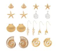 AHANDMAKER Lot de 9 paires de boucles d'oreilles de plage pour femme, étoile de mer, conque, coquillage, hippocampe, dauphin, boucles d'oreilles créoles pour fête à la plage, vacances d'été