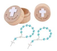AHANDMAKER My First Blue Bracelets avec boîte souvenir, cadeaux de baptême avec perles rondes bleu clair pour anniversaire, première douche (bleu)