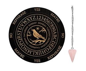 AHANDMAKER Planche à Pendule Corbeau de nuit, 7.8'' Tableau de Métaphysique de Radiesthésie Tableau Sculpté en Bois avec Collier de Pendule en Cristal Divination pour Kit de Fournitures D'Autel Wiccan