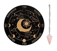 AHANDMAKER Planche de Pendule de sorcière, Métaphysique de Divination Radiesthésie Planche en Bois Sculpté avec Un Cristal Collier Planche à Pendule Ronde kit Fournitures D'Autel, Main Magique Lune