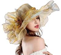 AHDMR Capeline Dentelle Femme Chapeau de Soleil en Organza Anti-UV Chapeau de Mariage Elégant Large Bord Casquette Visière Eté Chapeau de Derby Fascinator pour Eglise Plage Voyage, Fleur Amovible