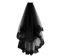 AHDMR Voile Noir Halloween Voile de Mariée Cadavre Gothique 2 Niveaux Voile de Mariage Court Dentelle avec Peigne Tulle Coiffure de Déguisement Costume Cathédrale Photographie Accessoires de Cheveux