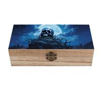 Ahdyr Blue Skull Moon Wooden Storage Box Decorative Trinket Keepsake Box Wood Jewelry Organizer Box for Bedroom Office with Hinged Lid And Front Clasp