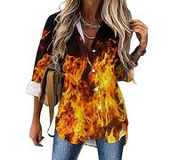 Ahdyr Chemisiers Noirs à Manches Longues et Boutons, Style hawaïen, imprimé de Grandes Flammes, pour Femmes.