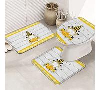 Ahdyr Ensemble de Tapis de Salle de Bain 3 pièces Bain Happy Bee Mignon GNOME Sweet Honey Fresh Daisy Jaune Plaid Grain de Bois Tapis de Contour Ultra Doux et Couvercle pour Baignoire, Douche et