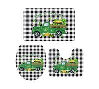 Ahdyr Ensemble de Tapis de Salle de Bain 3 pièces Bain Happy St. Patrick's Day Truck Lucky Clover Gold Coin antidérapant Doux à Carreaux Noirs et Blancs Tapis de Contour et couvercl
