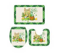 Ahdyr Ensemble de Tapis de Salle de Bain 3 pièces Bain St. Patrick's Day Green GNOME Gold Coin Lucky Clover Beer Soft antidérapant Tapis de Contour et Couvercle pour Baignoire, Douc