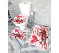 Ahdyr Ensemble de Tapis de Salle de Bain 3 pièces Ensemble de antidérapant Happy Valentine's Rose Gnomes Love Heart Red Truck Pink Plaid Tapis de Contour Durable et Couverture de Couvercle d