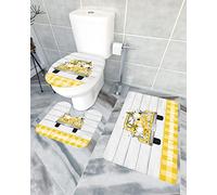 Ahdyr Ensemble de Tapis de Salle de Bain 3 pièces Tapis de Bain Summer Sweet Honey Bee Daisy Cute GNOME Truck Yellow Plaid Wood Board Ultra Soft Contour Mat & Cover Cover for Tub Shower & Bath Room-