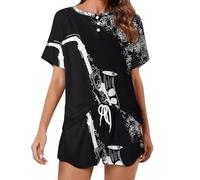 Ahdyr Ensemble Pyjama Saxophone Noir et Blanc, vêtements de Nuit à Manches Courtes pour Femmes, 2 pièces