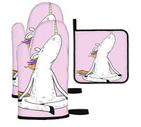 Ahdyr Lot de 3 Gants de Cuisine et maniques Licorne Mignons Animaux Licornes avec Queue de Cheveux Arc-en-Ciel rayé Corne Cuisine résistant à la Chaleur Gants pour Cuisiner Barbecue Rose Blanc