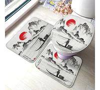Ahdyr Peinture Chinoise Ensemble Paysage avec Collines Montagne Soleil Lac Pêcheur salle3 Pièces siège de Toilette Couvercle Couverture Tapis antidérapant an