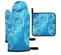 Ahdyr Water Splash Gants de Four et maniques Lot de 3 Gouttes de Pluie à Bulles Bleues Flow Ocean Sea Gants de Cuisine résistants à la Chaleur Pad pour la Cuisson au Barbecue