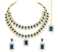 Aheli Parure de bijoux pour femme avec collier, boucles d'oreilles et boucles d'oreilles en oxyde de zirconium et pierre synthétique cloutée Bleu, One Size, Métal, Pas de gemme