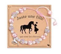 AHEZQILU Bracelet Cheval Fille Réglable Avec Perles Roses Et Breloque Poney, Cadeau Fille 5 6 7 8 9 10 11 12 Ans Anniversaire, Bijou Enfant Avec Carte Message Et Coffret Rose Pour Noël Rentrée