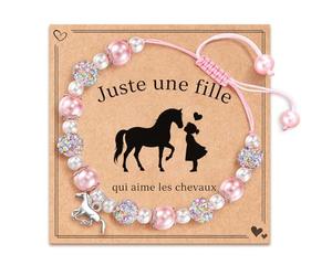 AHEZQILU Bracelet Cheval Fille Réglable Avec Perles Roses Et Breloque Poney, Cadeau Fille 5 6 7 8 9 10 11 12 Ans Anniversaire, Bijou Enfant Avec Carte Message Et Coffret Rose Pour Noël Rentrée