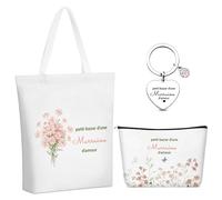 AHEZQILU Cadeau pour Marraine, Set de 3 avec Sac Cabas 42x38cm, Trousse et Porte-clés, Annonce Parrain Originale pour Baptême Anniversaire, Petit Bazar d une Marraine d Amour
