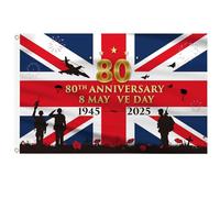 AhfuLife 1 drapeau VE Day 0,9 x 1,5 m pour décorations de 80e anniversaire 2025, drapeau en tissu imperméable pour 80 ans de victoire en Europe de la Seconde Guerre mondiale 1945-2025 Décorations