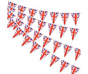 AhfuLife 10m/12m Drapeau Union Jack, 30 Drapeaux Union Jack Bannière Triangulaire pour la Coupe du Monde Événements Patriotiques Extérieur Jardin Décoration de Fête (19 x 27 cm - 12m, Lot de 2)