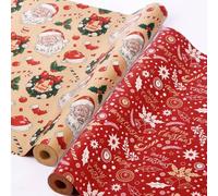 AhfuLife 2 Rouleau Kraft Papier Cadeau de Noël, 43cm×15m Recyclable Papier d'Emballage pour Enfant Emballage des Cadeaux de Noël, Décoration de Fete (V:Cloches Rouges/Couronne de Fleurs)