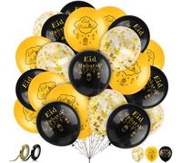 AhfuLife 32Pcs Eid Mubarak Ballons, 12 Pcs Ballons en Or Métallique, 12Pcs Ballon Noir, 8Pcs Ballon Confettis pour Décoration Ramadan 2025 زينه رمضان Aid Moubarak Fête Aïd Al Fitr