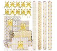 AhfuLife 4 Rouleaux Papier Cadeau Noir et Or, 43cm×3M Papier Cadeau pour Emballage Cadeaux de Mariage, Anniversaire, Saint Valentin, Papier Cadeaux Noël Recyclable avec Ruban Points Rayure Étoile