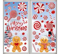 AhfuLife 73Pcs Noël Autocollants Fenetre Réutilisables, Stickers Fenetre Noël avec Bonbons rouges, Stickers Double Face Amovible pour DIY Décor Fenêtre de NoëL, Vitrines, Façades en Verre