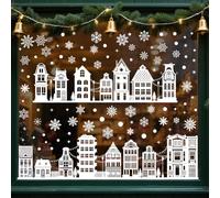 AhfuLife 9 Feuilles NoëL Autocollants Fenetre Réutilisables, 137PCS Stickers Fenetre Noël avec Flocon de Neige de la Maison Blanche pour DIY Décor Fenêtre de Noël, Vitrines, Façades en Verre