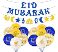 AhfuLife Decoration Aid Moubarak 2025, Pré-installés Eid Mubarak Bannière avec 14 Ballons Lune Etoile Banderole pour Décor Islamique Ramadan Fête , Muslim Fête du Aïd, Aïd al-Adha Jardin Maison