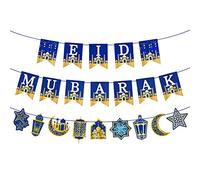 AhfuLife Decoration Aid Moubarak 2025, Pré-installés Eid Mubarak Bannière Bleu avec Lune Etoiles Lanterne Bannière pour Décor Islamique Ramadan Fête, Muslim Fête du Aïd, Aïd al-Adha Jardin Maison