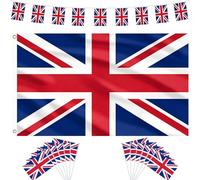 AhfuLife Drapeau Royaume-Uni Decoration Kits, 90x150cm Drapeau Royaume-Uni, 12m Guirlande Drapeaux Grande-Bretagne et 12Pcs Petit Drapeaux Anglais 14 x 21cm pour Coupe du Monde Fête Nationale Jardin