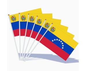 AhfuLife Drapeau Venezuela 14x21 cm - Lot de 15 Mini Drapeaux Vénézuéliens avec Mât Blanc, Décoration Intérieur/Extérieur pour Coupe du Monde, Fête Nationale du 5 Juillet, Célébration Sportive
