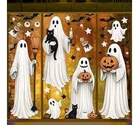 AhfuLife Halloween Fenêtre Autocollants Grand Format 30x92 cm, 4 Feuilles Stickers Fantômes Réutilisables Double Face, Autocollants Halloween Amovible - Décoration Fête Halloween et Maison Hantée