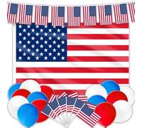 AhfuLife Kit de Drapeau Américains pour les Décorations du 4 Juillet, 1 Grand Drapeau Américain 90×150cm, 30 Guirlande Banderole Etats Unis, 10Pcs Petit Drapeaux USA avec Poteau Blanc et 15 Ballons