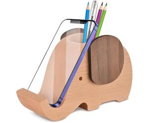 AhfuLife® - Support en bois en forme d'éléphant - Support pour téléphone, stylos et crayons - Pot pour iPhone, Samsung, Sony et Huawei - Décoration de bureau multifonction Organiseur de fournitures