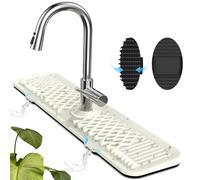 AhhaLife Protection contre les éclaboussures d'évier de cuisine en silicone avec brosse propre, tapis d'évier long et épais, grande poignée de robinet en silicone, bac d'égouttement pour cuisine,Blanc