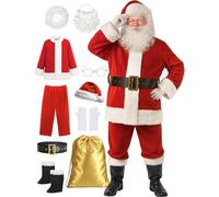 Ahititi Costume de Père Noël pour Hommes Deluxe Adultes Costume de Santa Rouge pour Hommes 10 Pièces Ensemble Professionnel de Père Noël pour Noël Cosplay Fête