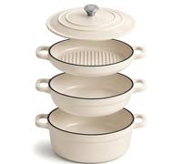 AHJ Cocottes en fonte émaillée 4 pièces, 25 cm, couvercle, 260°C，Blanc | 1 couvercle universel pour 3 récipients de 25 cm, 1,2 L, 2,5 L et 4,5 L, empilables, fonte émaillée, induction et four