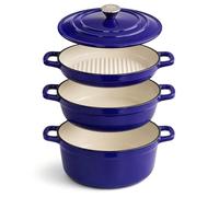 AHJ Cocottes en fonte émaillée 4 pièces, 25 cm, couvercle, 260°C,Bleue | 1 couvercle universel pour 3 récipients de 25 cm, 1,2 L, 2,5 L et 4,5 L, empilables, fonte émaillée, induction et four