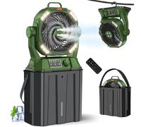 Ahoall Ventilateur brumisateur avec seau portable de 6 L pour terrasse extérieure, 20 000 mAh rechargeable pour camping avec lumière LED, 4 brumisateurs, télécommande verte