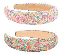 AHONEY Lot de 2 bandeaux épais rembourrés pour femmes et filles, jolis bandeaux larges et antidérapants à paillettes, accessoires de cheveux d'anniversaire pour filles (rose et coloré)