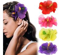 Ahoney Lot de 4 pinces à cheveux en forme de fleurs d'hibiscus pour femmes et filles, fleurs artificielles hawaïennes en mousseline de soie, accessoires à cheveux pour décoration de fête sur la plage