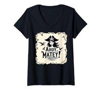 Ahoy, Matey! Pirate Femme Sea Adventure Buccaneer T-Shirt avec Col en V, Femme, Noir, L