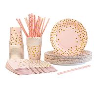 AHPYEUHK Assiette Jetable Vaisselle Anniversaire 125 pcs Assiette Carton Dessert Vaisselle Kit Assiettes et Coupe Serviette Paille pour Diverses Fêtes Décorations